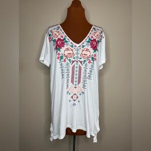 Johnny Was Multicolor Cross Stitch Embroidery White Tunic Blouse Size Med